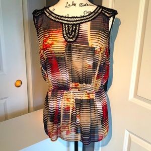 Sheer cap sleeve lace neckline shirt